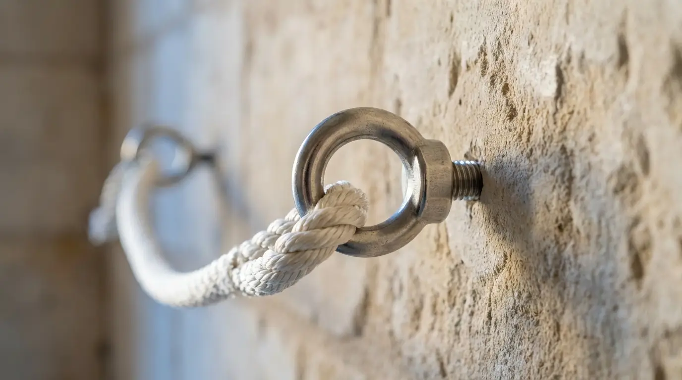 Détail technique d'un ancrage mural pour filet de sécurité en hauteur