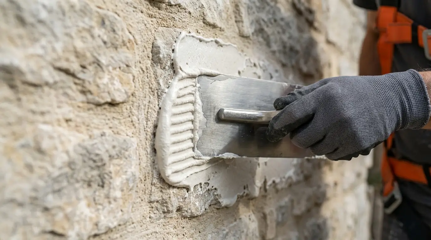 Gros plan sur l application d un enduit d impermeabilisation sur mur