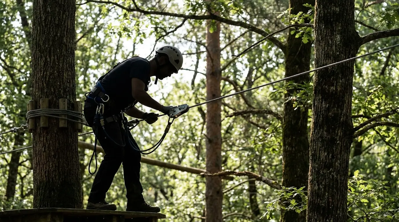 Silhouette de technicien inspectant la tension des tyroliennes lors d une maintenance preventive