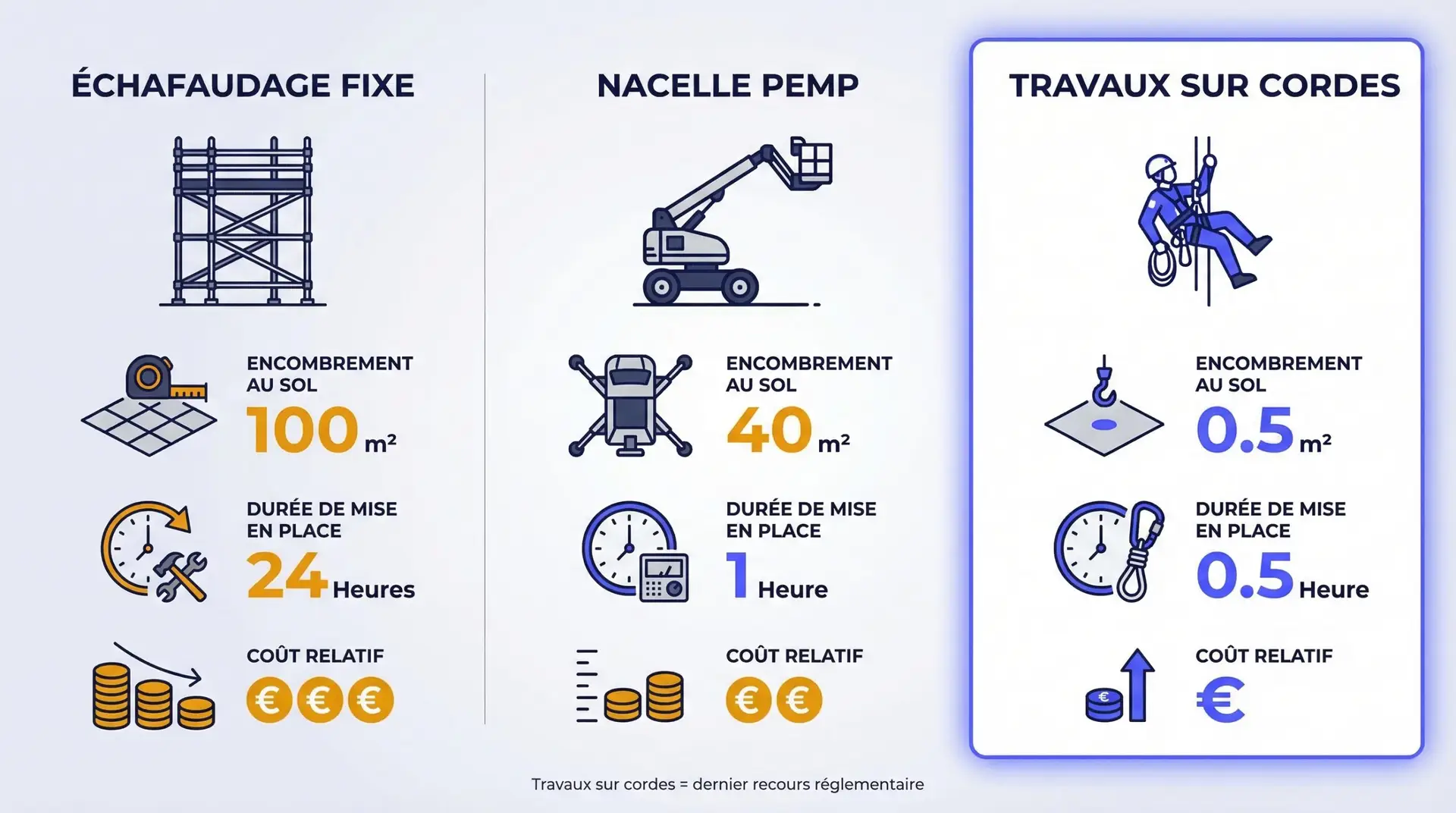 Infographie comparant echafaudage nacelle et travaux sur cordes en milieu industriel