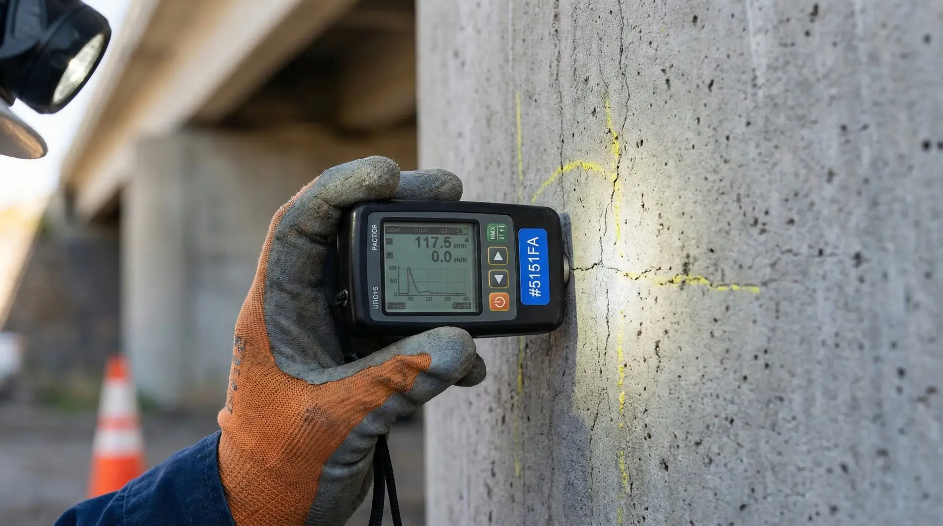 Cordiste réalisant un contrôle CND sur la pile d'un pont routier