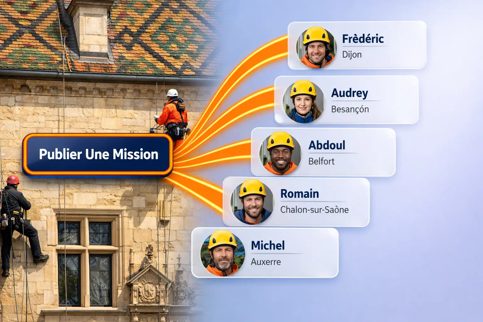 Cordistes professionnels sur façade bourguignonne aux tuiles vernissées - Plateforme Corde'UP Bourgogne-Franche-Comté pour cordistes certifiés à Dijon, Besançon, Belfort