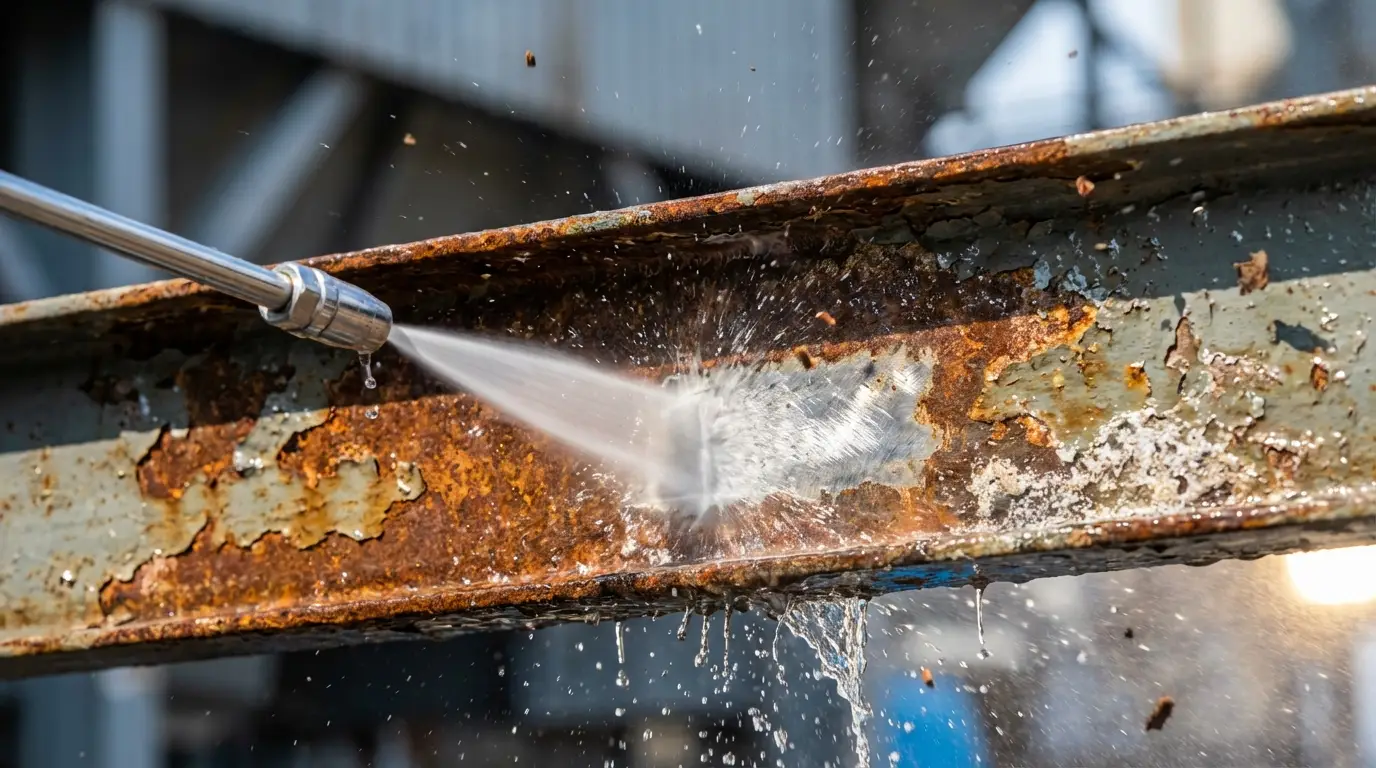 Buse de lavage haute pression en action pour le decapage de charpente metallique oxydee