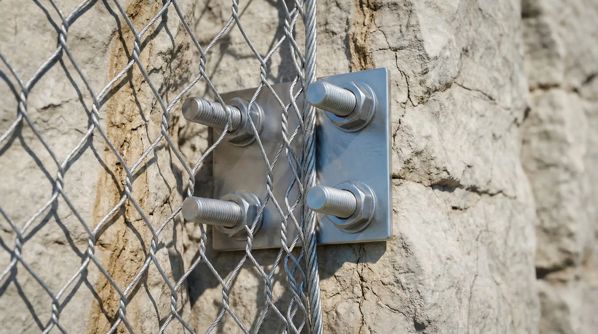 Gros plan sur une platine de fixation et un grillage double torsion plaqué contre la roche.