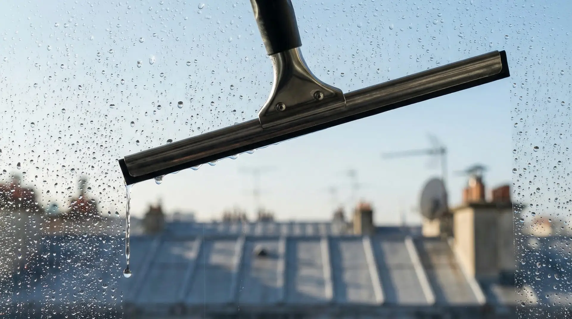 Lavage de vitrerie B2B avec raclette professionnelle et eau osmosée sur un immeuble