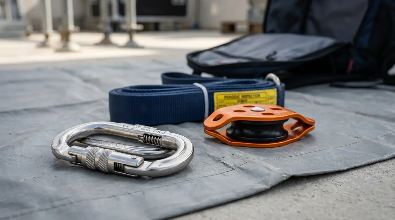 Détail des équipements de protection individuelle et connecteurs pour la sécurisation en hauteur