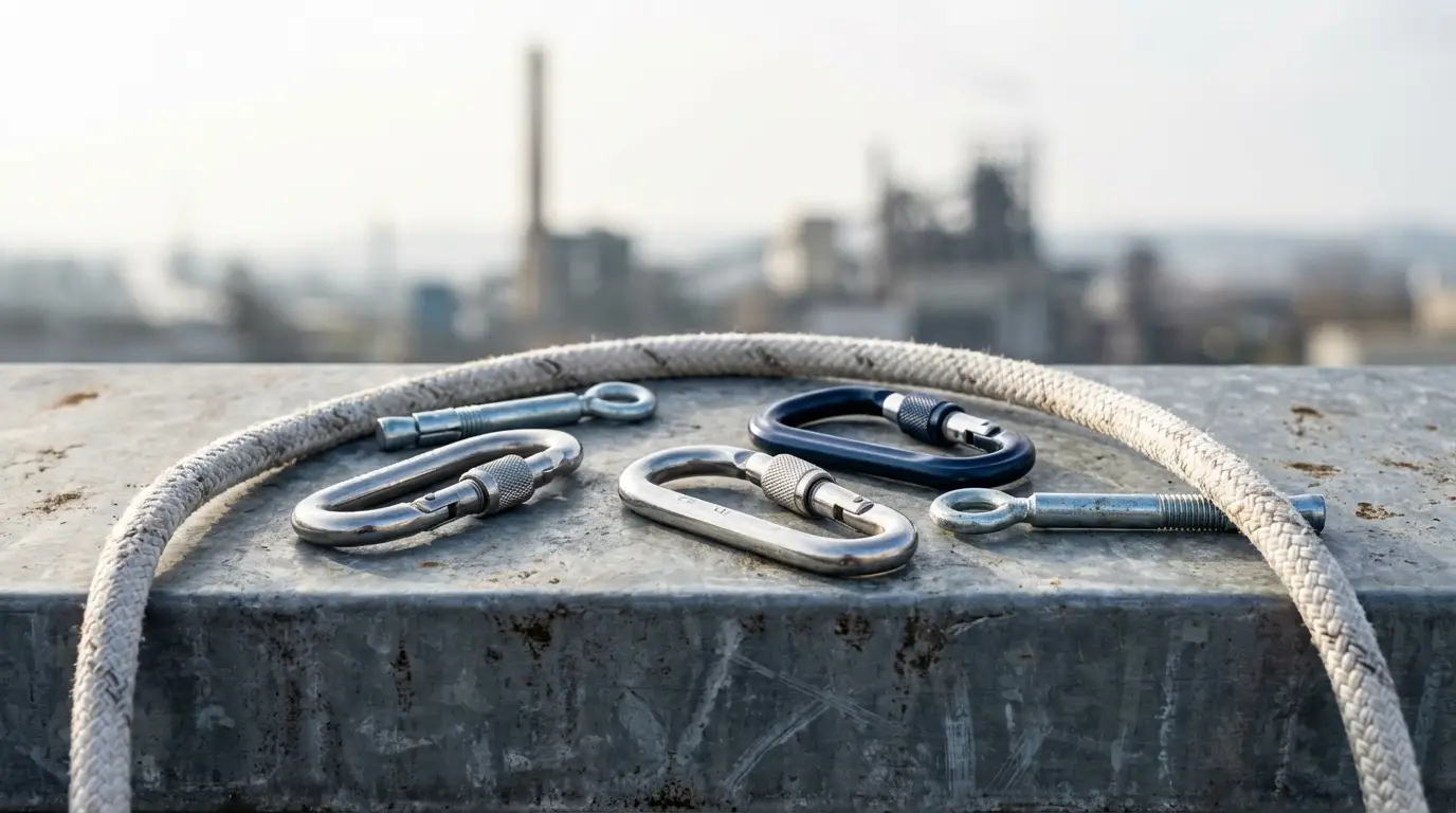 Matériel de fixation et mousquetons utilisés pour l'ancrage d'un filet de protection chantier