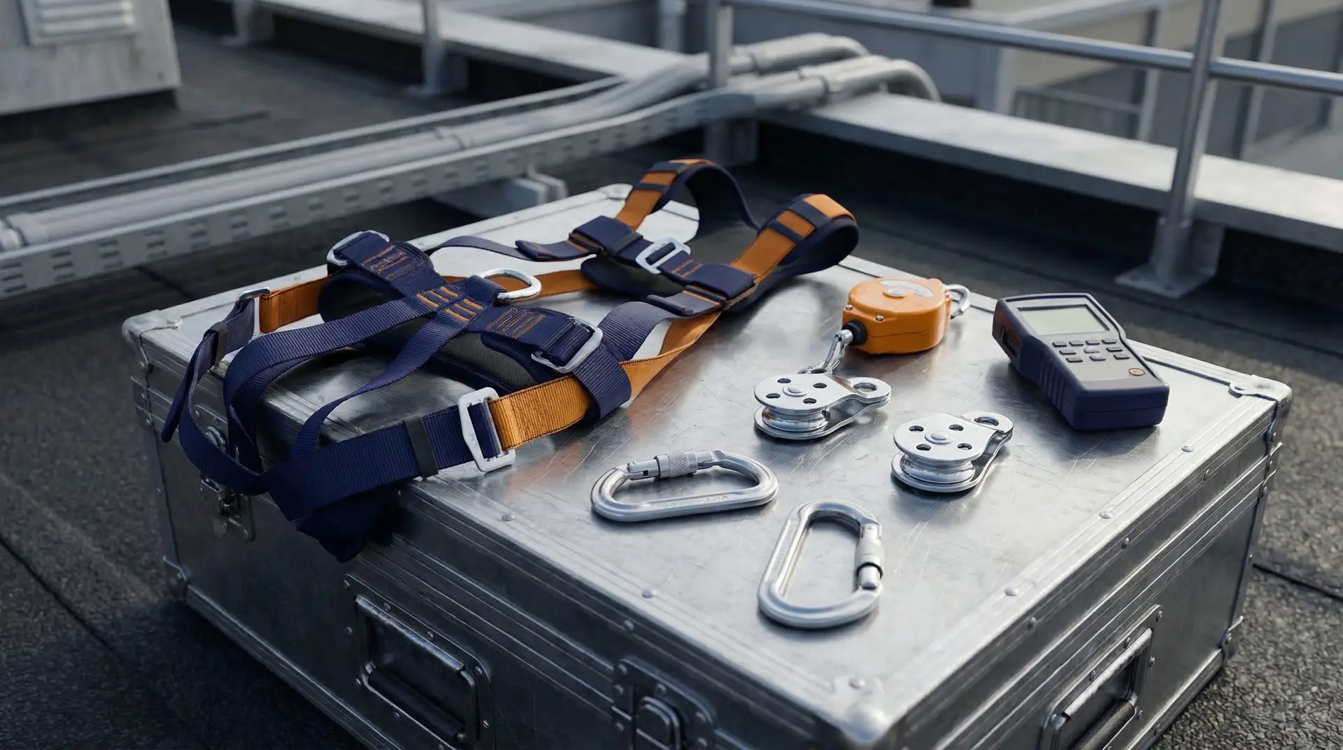 Gros plan sur des mousquetons et harnais utilises pour la maintenance de pylone telecom