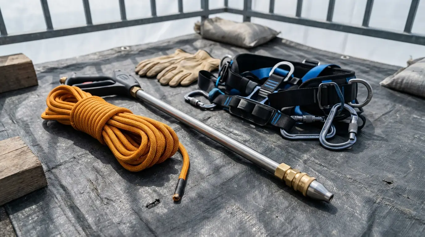 Détail du matériel d entretien haute pression et du double système d ancrage du technicien.