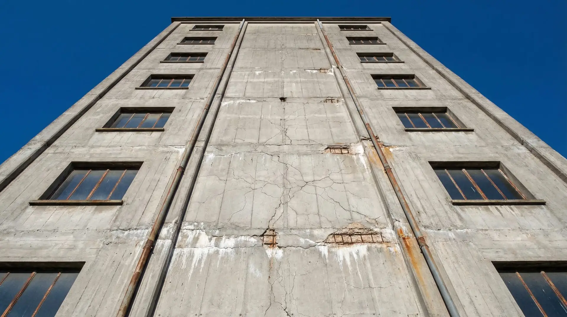 Vue en contre-plongée d'une paroi en béton présentant des dégradations nécessitant une purge de façade.