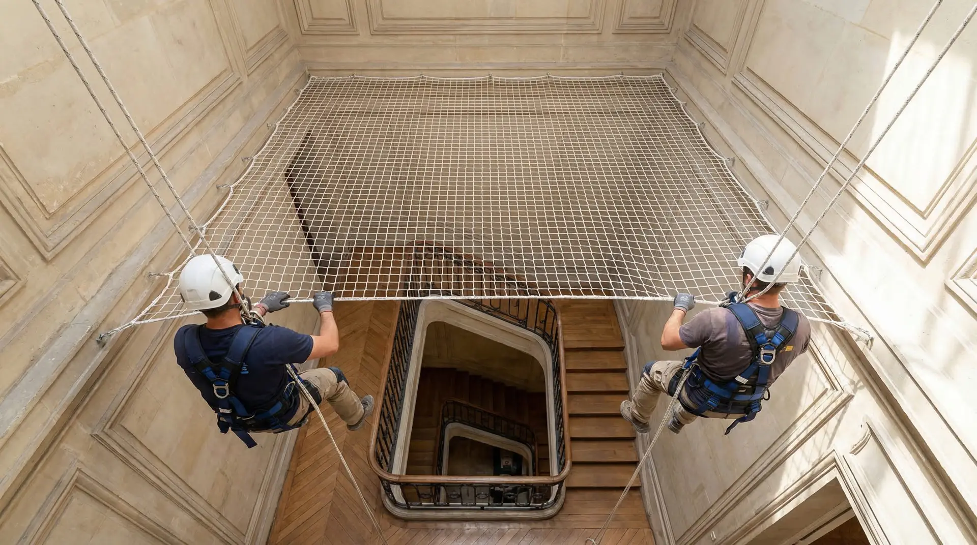 Mise en tension d'un filet de protection escalier et garde-corps