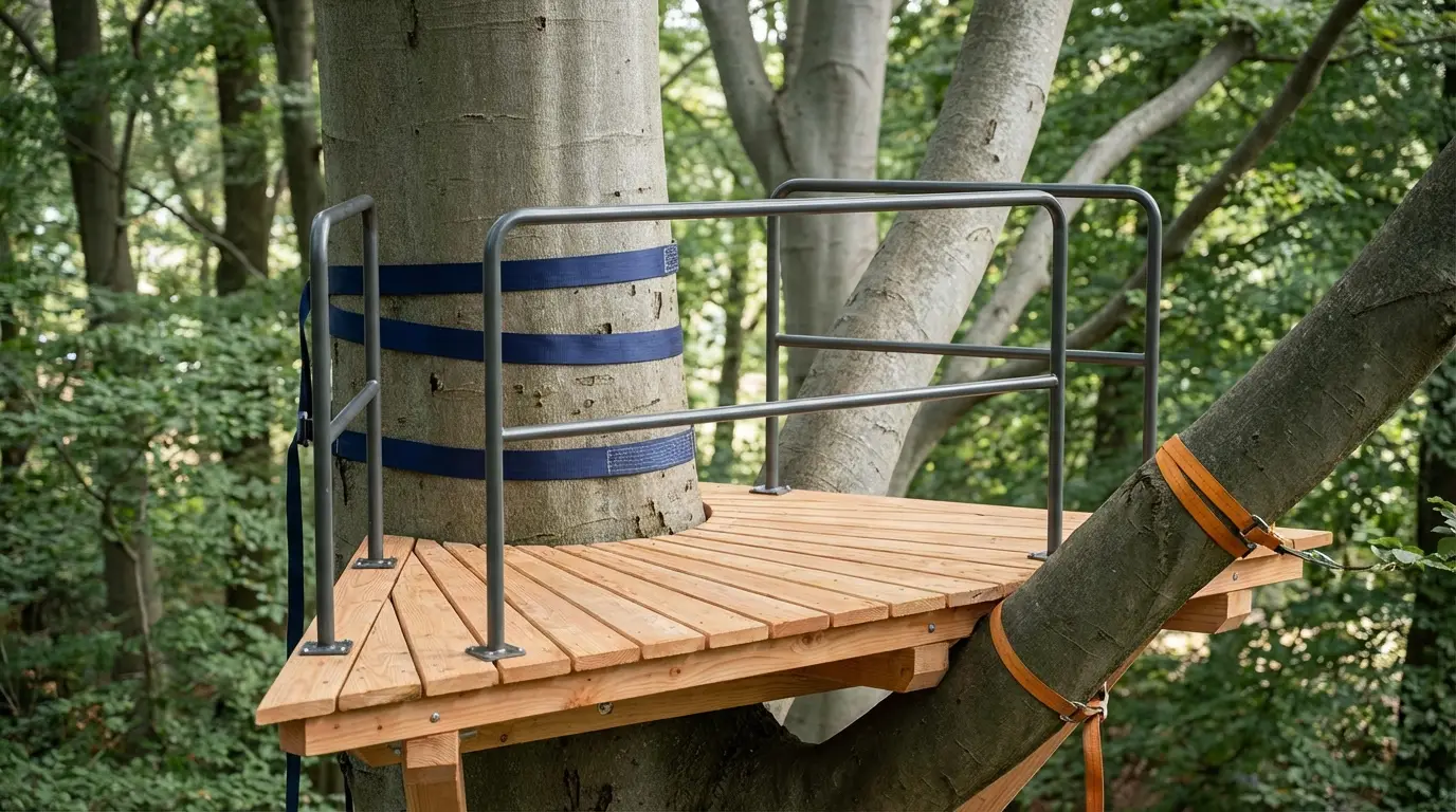 Gros plan sur les outils et le materiel de levage utilises pour la creation de cabanes perchees