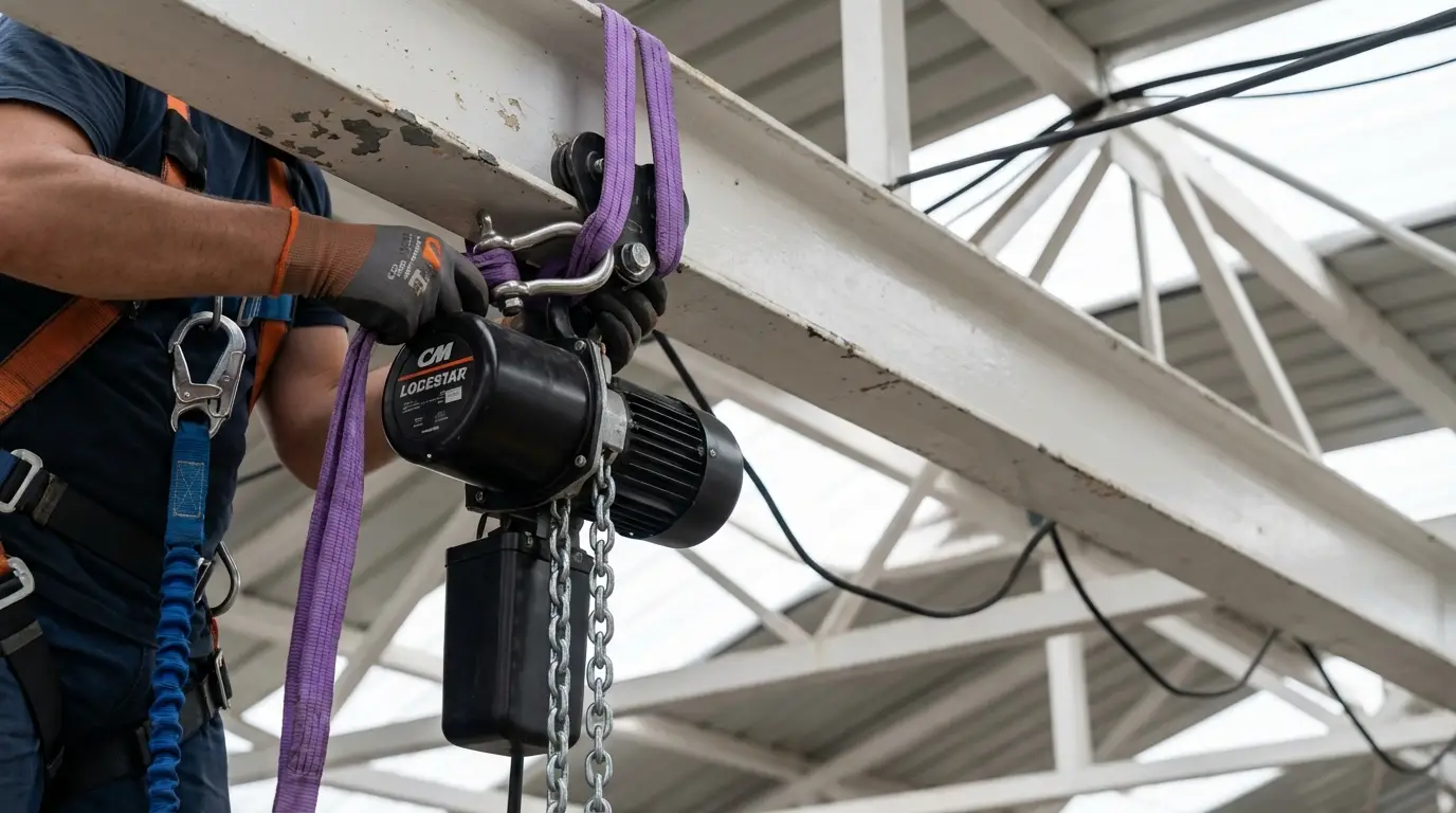 Mise en place de palans électriques et élingage pour le levage de matériel événementiel