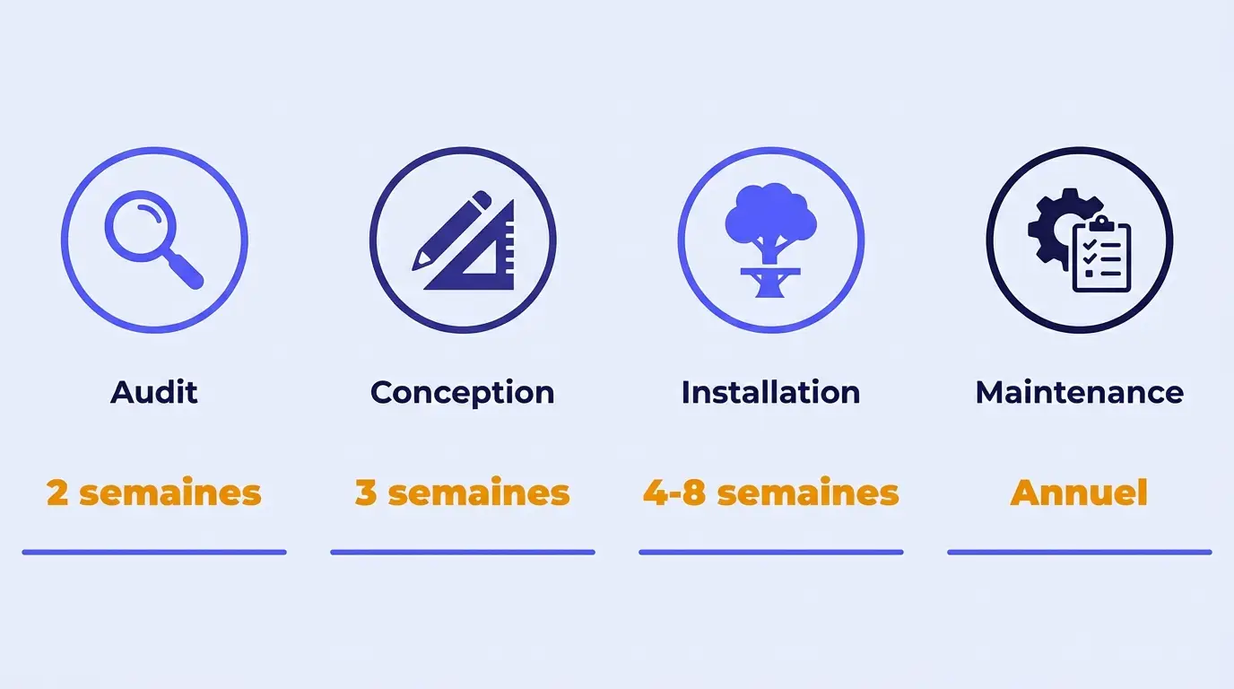 Schema technique illustrant les phases de conception et d installation d un parcours acrobatique en hauteur