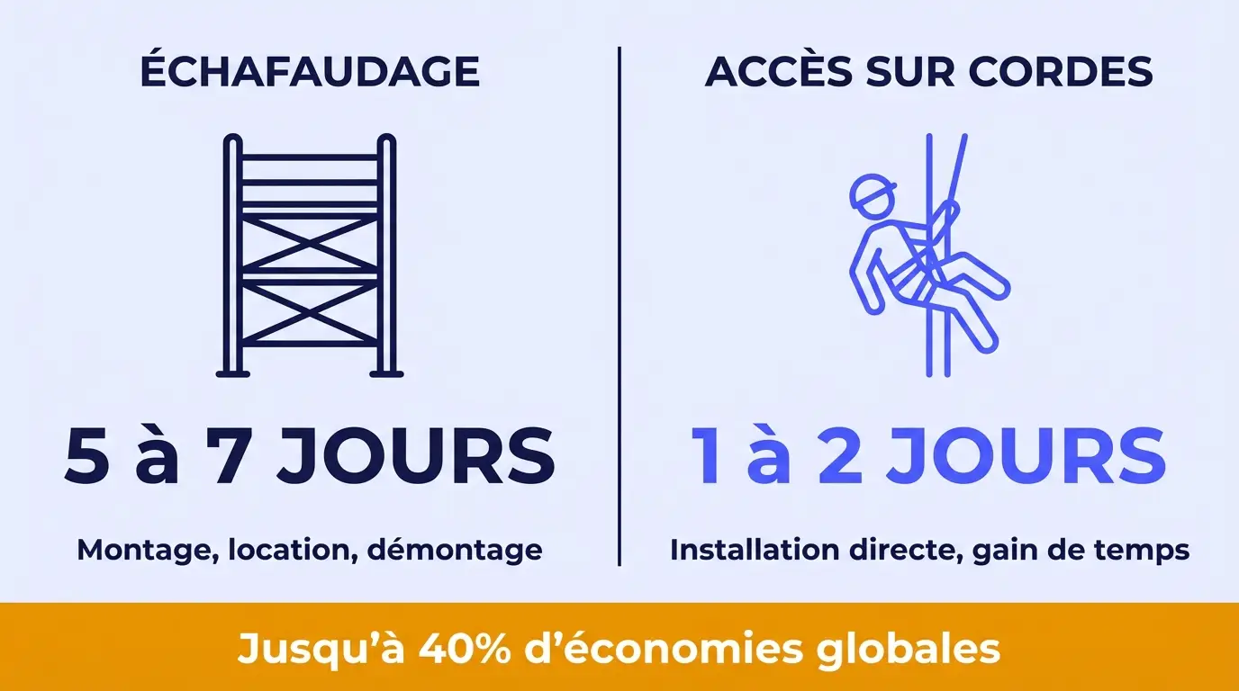 Schéma comparatif des délais d'installation d'un filet anti chute par rapport à un échafaudage