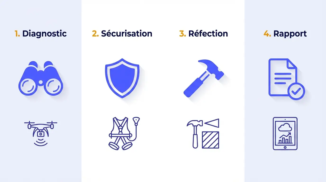 Schéma explicatif du processus de recherche de fuite et réfection par cordistes
