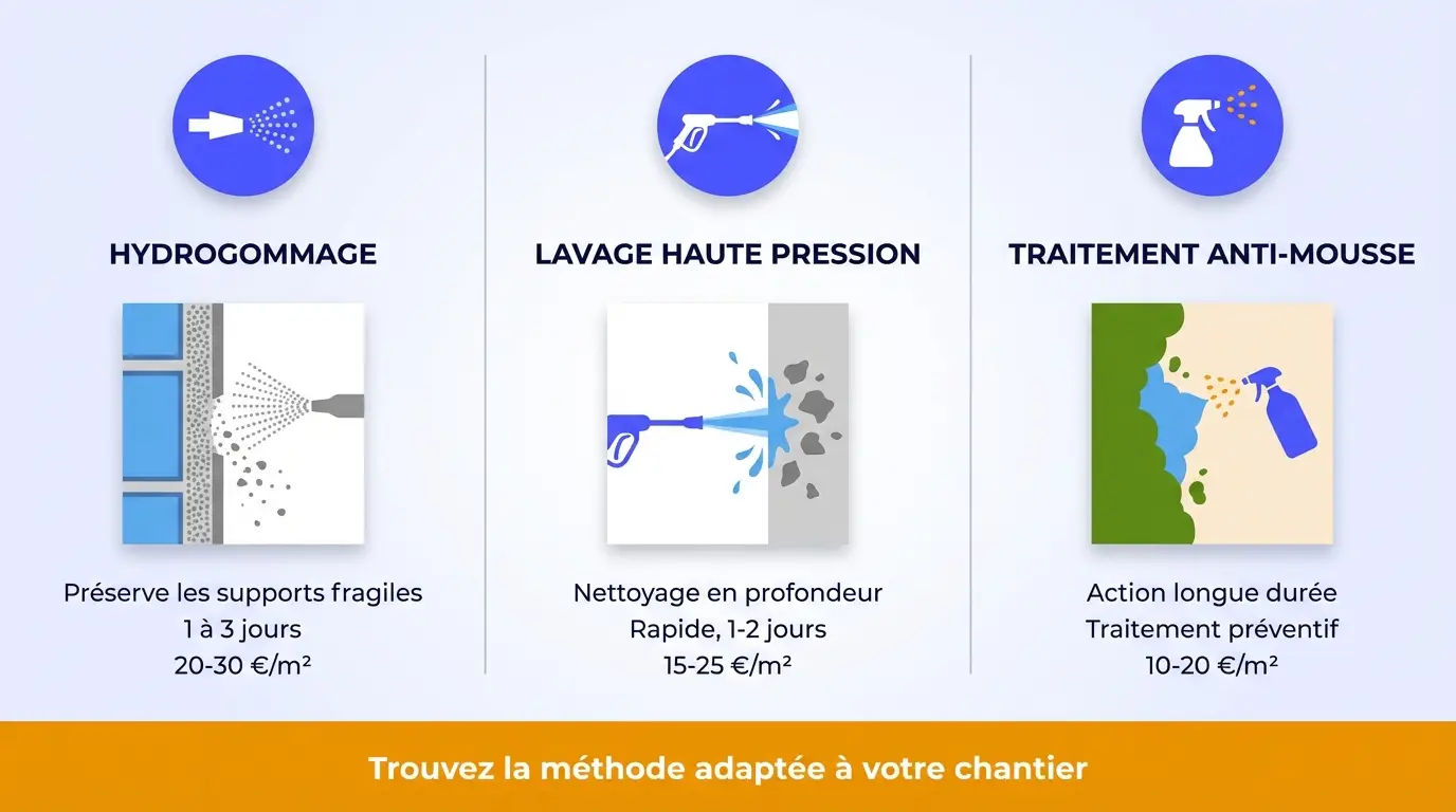 Infographie CordeUP comparant l hydrogommage et le traitement anti mousse pour les professionnels.