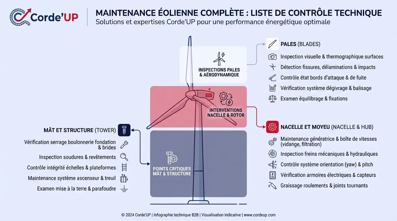 Schéma technique illustrant les zones d'inspection sur un mât et rotor d'aérogénérateur