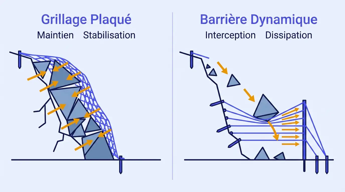 Schéma technique comparant les barrières dynamiques et les écrans de protection passive.