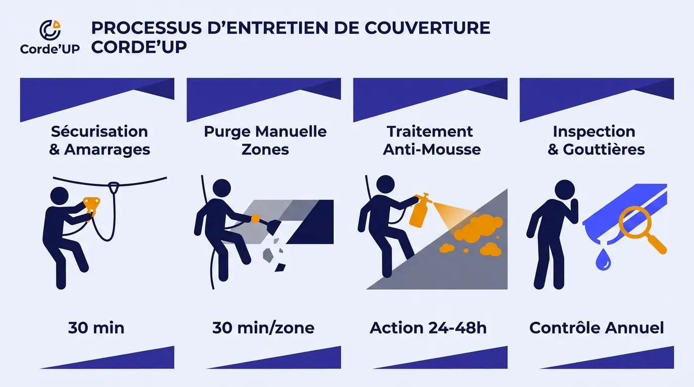 Infographie detaillant les etapes de pulverisation anti-mousse et d'inspection des cheneaux