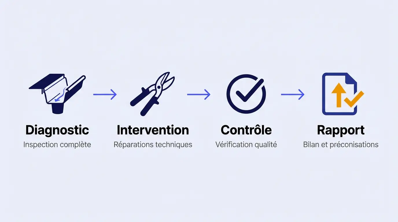 Infographie illustrant les étapes de réparation de gouttières et chéneaux en hauteur