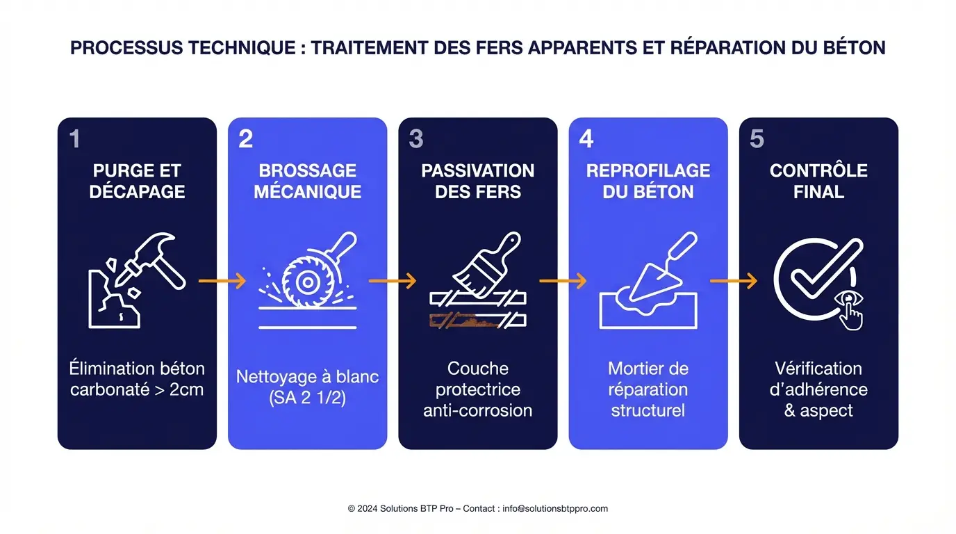 Schéma explicatif des étapes de réfection enduit façade et traitement des fers apparents aux couleurs CordeUP.