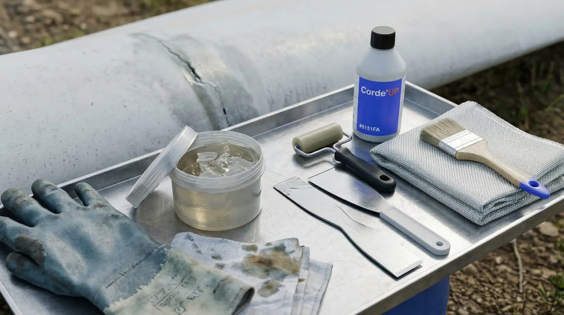 Gros plan sur les outils de réparation de bord d'attaque et résine composite suspendus par des cordes