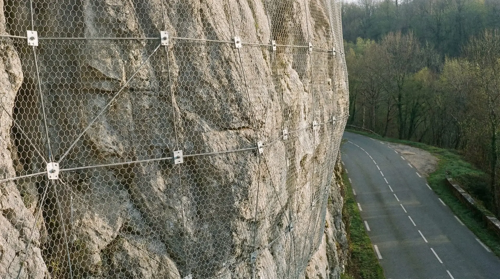 Mise en place d'un filet pare-pierres sur une infrastructure routière pour prévenir les chutes.
