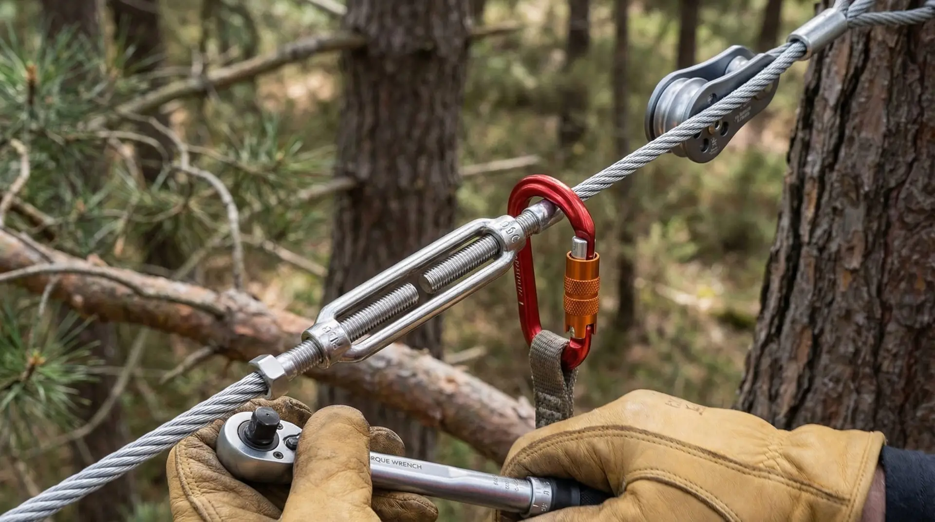 Fixation de cables et equipements d accrobranche par des techniciens suspendus a deux cordes