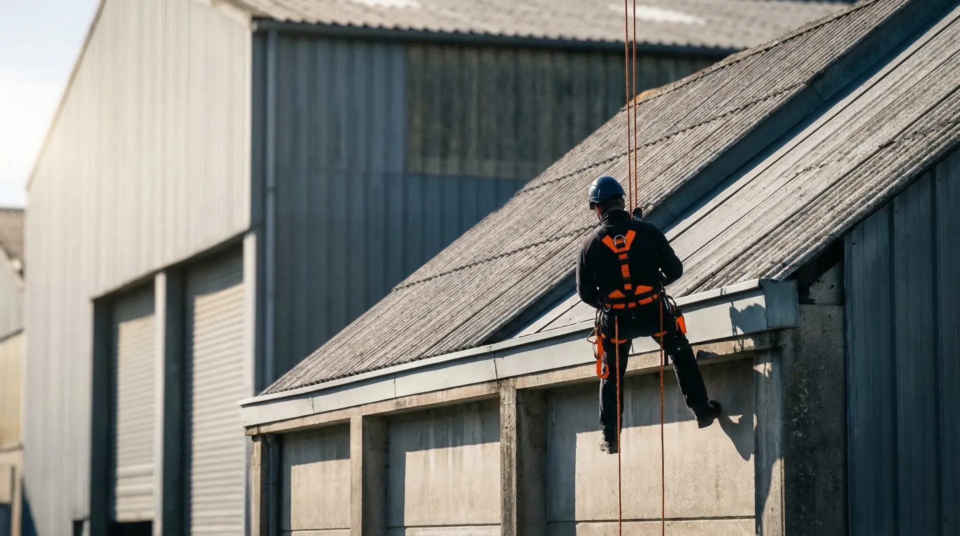 Cordiste professionnel réalisant un désamiantage toiture fibro sur un site industriel