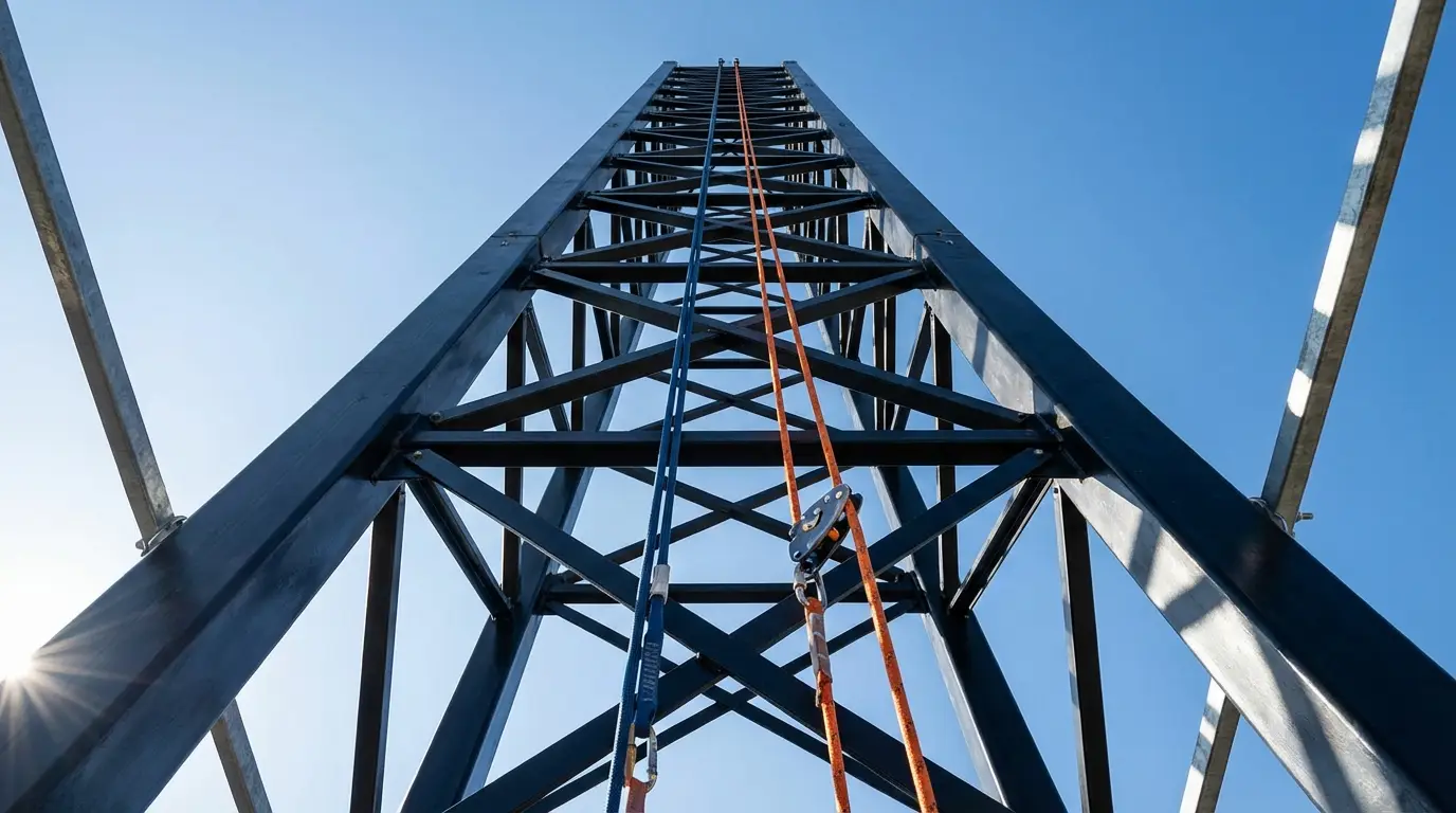 Vue en contre-plongée d'une structure éphémère sécurisée par des professionnels certifiés