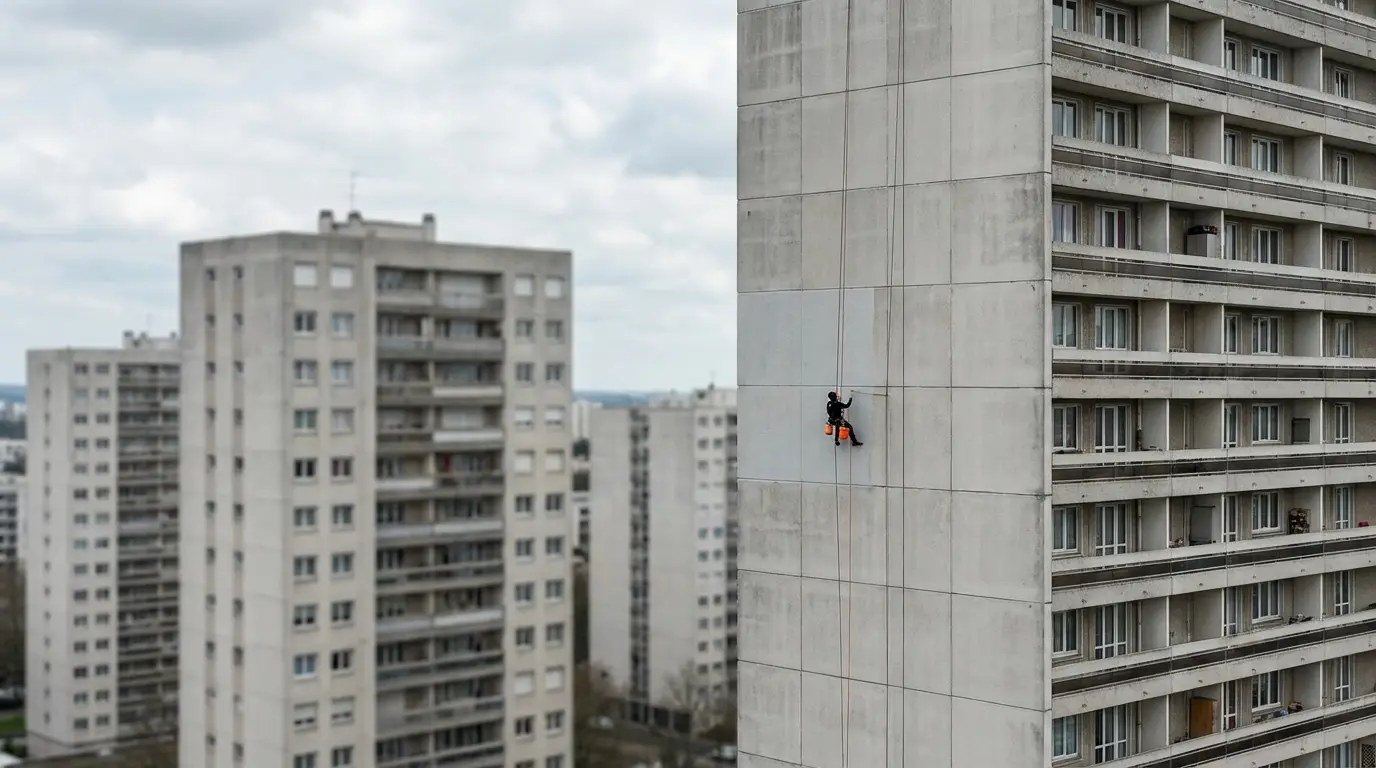 Technicien suspendu a deux cordes appliquant une peinture sur mur aveugle