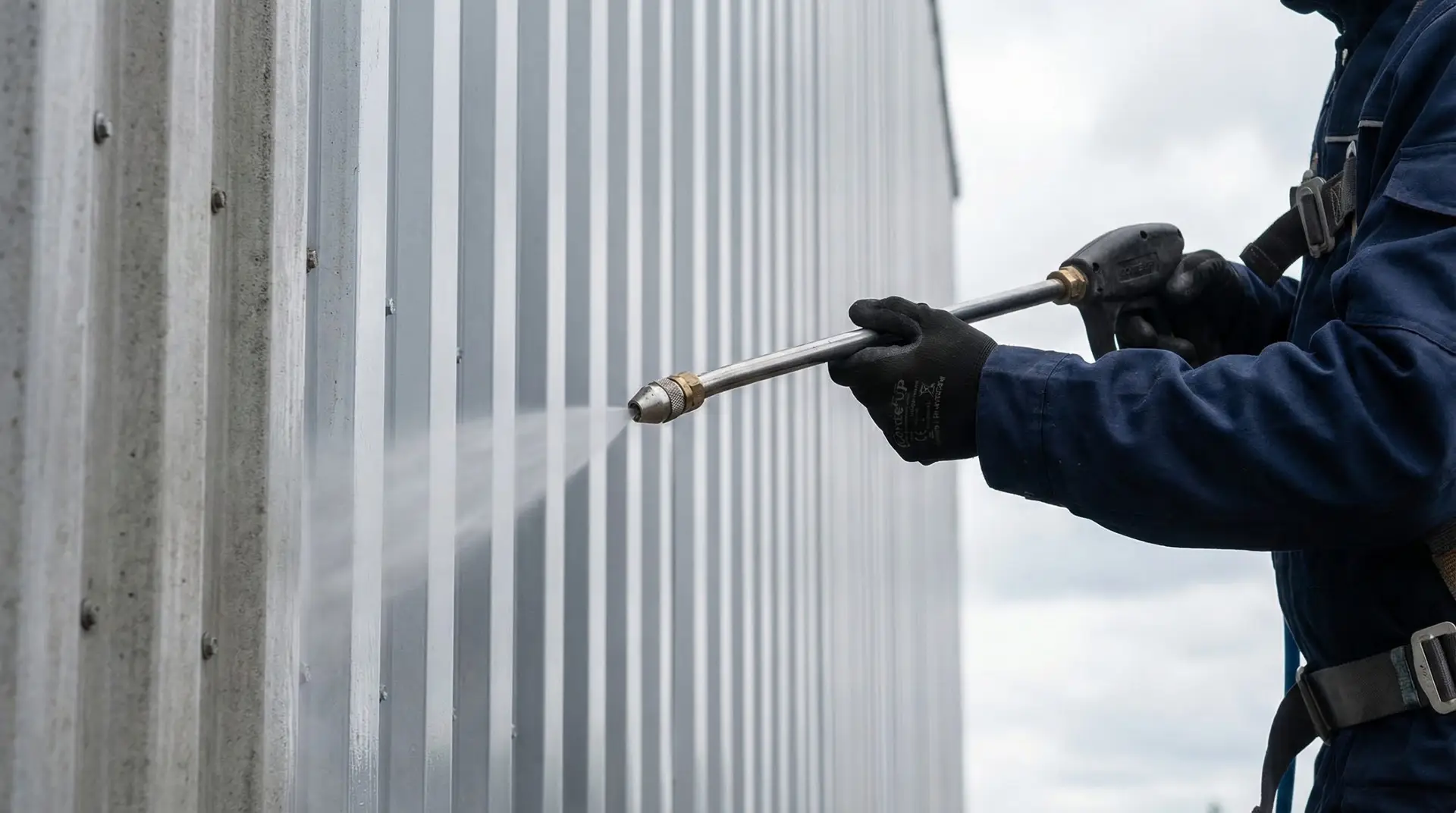 Technicien en suspension réalisant un entretien extérieur sur un entrepôt logistique français.