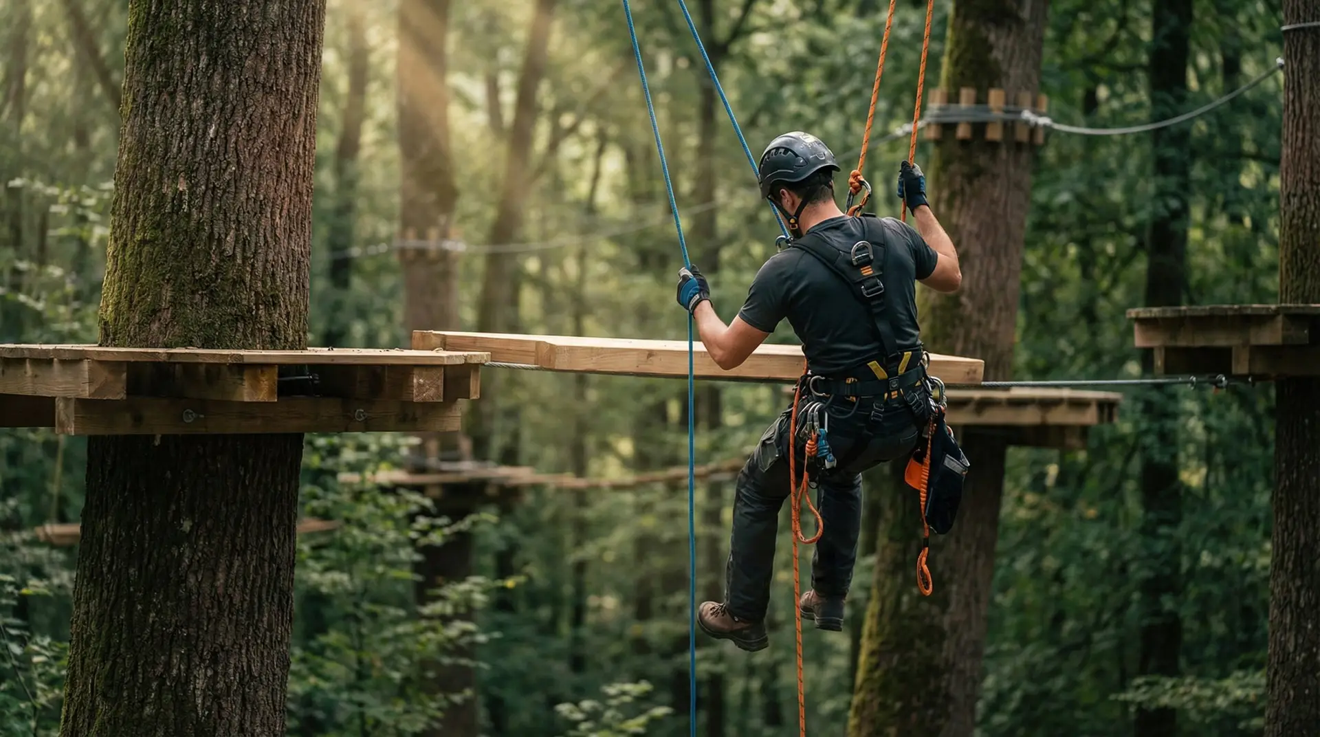 Technicien cordiste de dos realisant la maintenance accrobranche sur une plateforme suspendue en foret