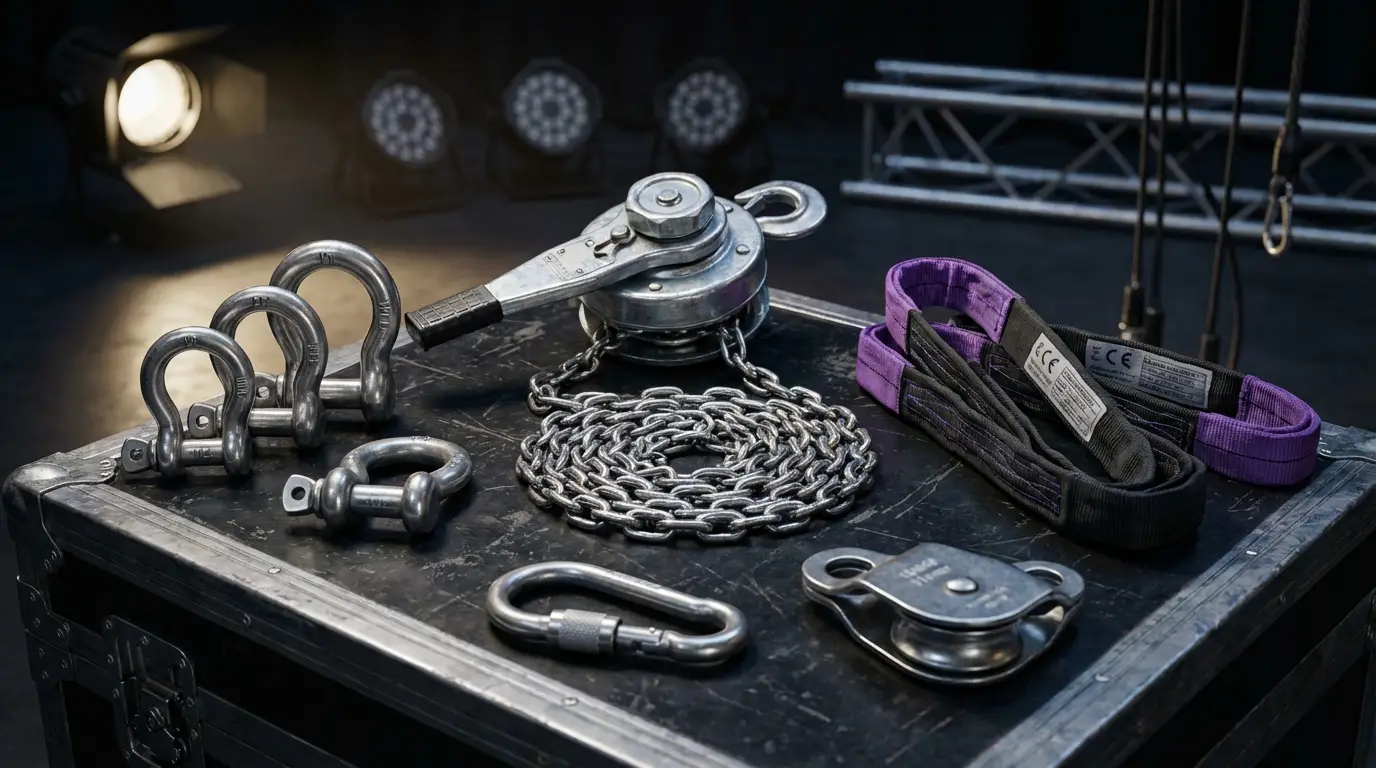 Vue détaillée des mousquetons élingues et cordes statiques utilisés par les techniciens