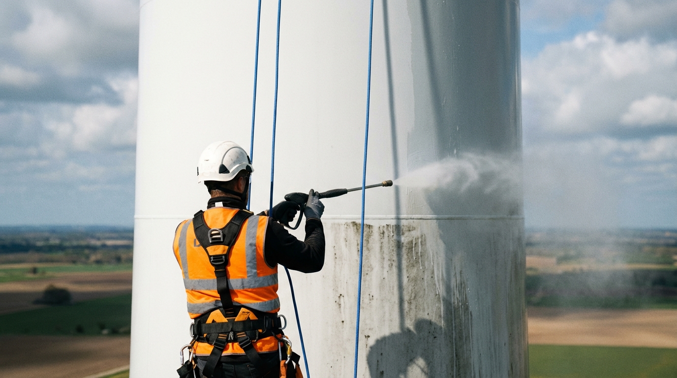 Silhouette d'un technicien IRATA de dos nettoyant la structure cylindrique d'un aérogénérateur avec deux cordes