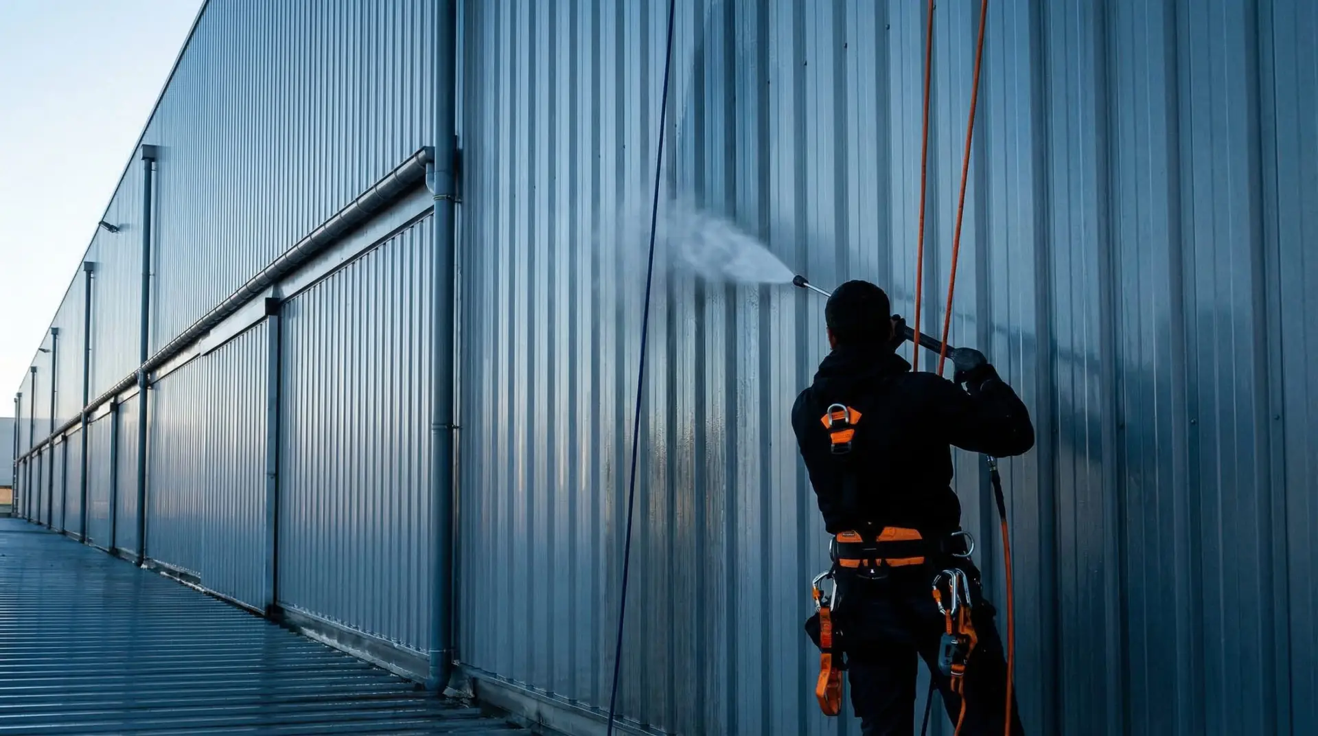 Intervention de nettoyage industriel par un technicien cordiste sur un site de production