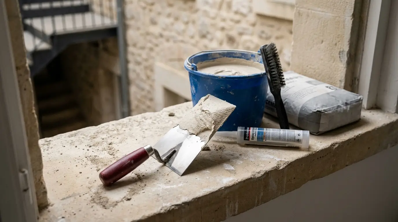 Gros plan sur une truelle et du mortier fibré utilisés pour le rejointoiement briques en hauteur.