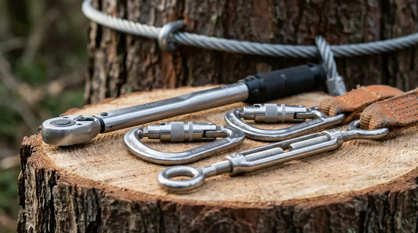 Gros plan sur les equipements de protection et outils utilises pour la mise aux normes des parcs