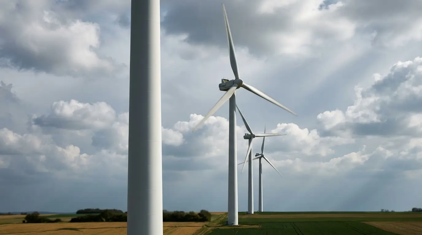 Vue en contre-plongée d'un parc de production d'énergie renouvelable sous un ciel nuageux