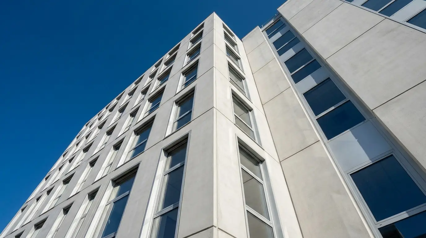 Vue en contre plongee d un immeuble de bureaux apres traitement anti mousse