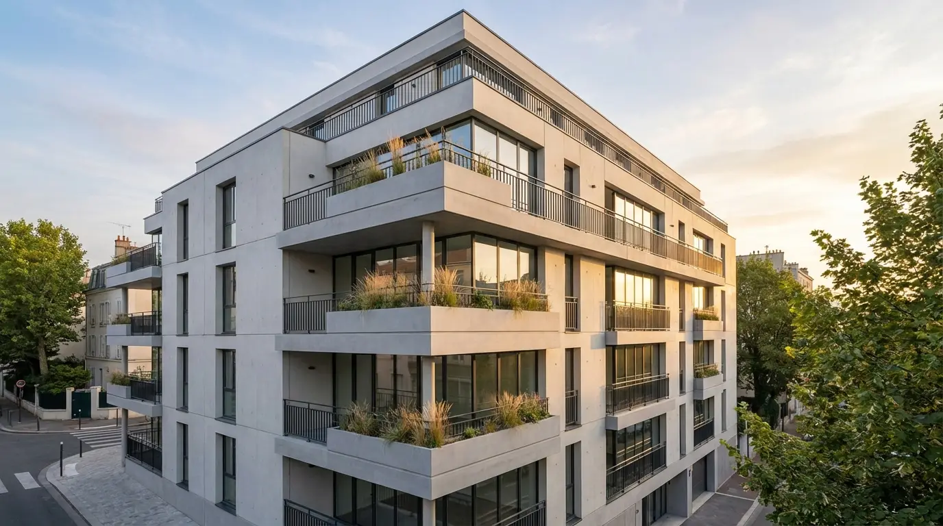 Façade d'un immeuble de bureaux rénovée après intervention technique sur cordes de suspension et sécurité.