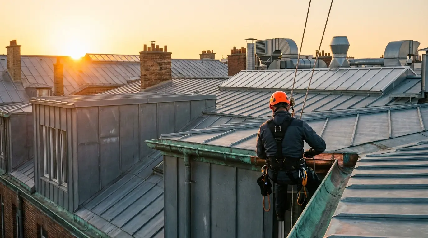Technicien cordiste sécurisé réparant un solin en plomb sur une toiture complexe
