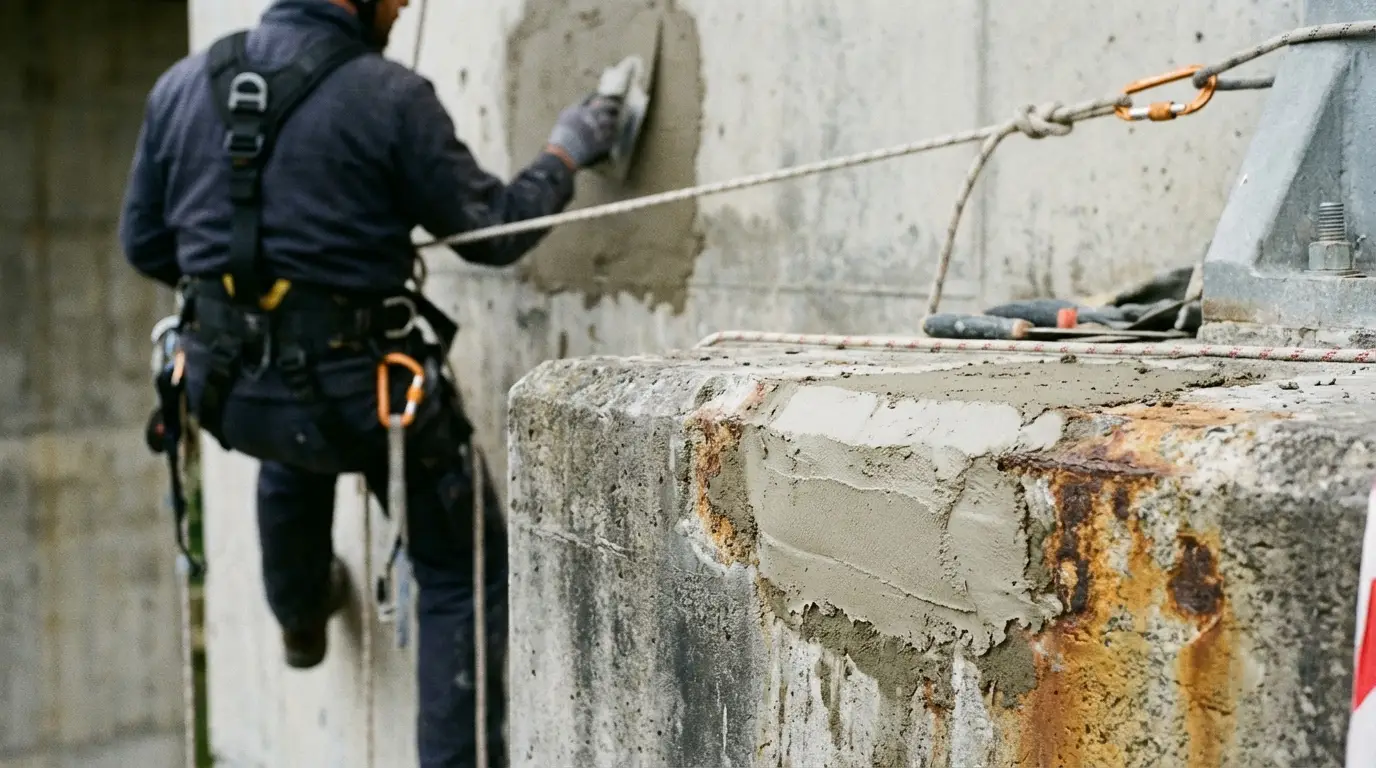 Technicien sur cordes traitant la corrosion d'un ouvrage de génie civil
