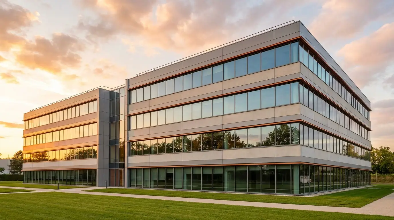 Façade vitrée propre et lumineuse d un bâtiment industriel français après intervention