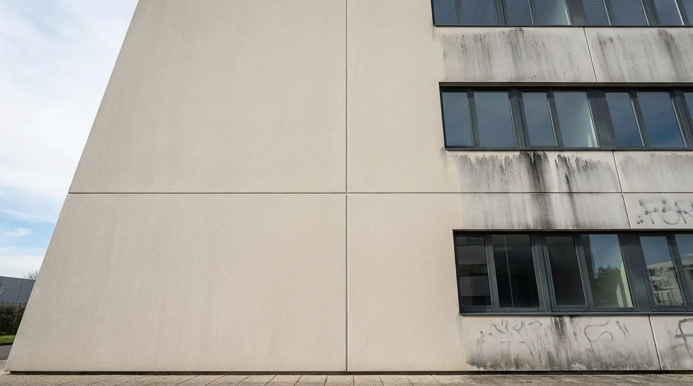 Contre-plongée sur une paroi d immeuble de bureaux après élimination complète des graffitis.
