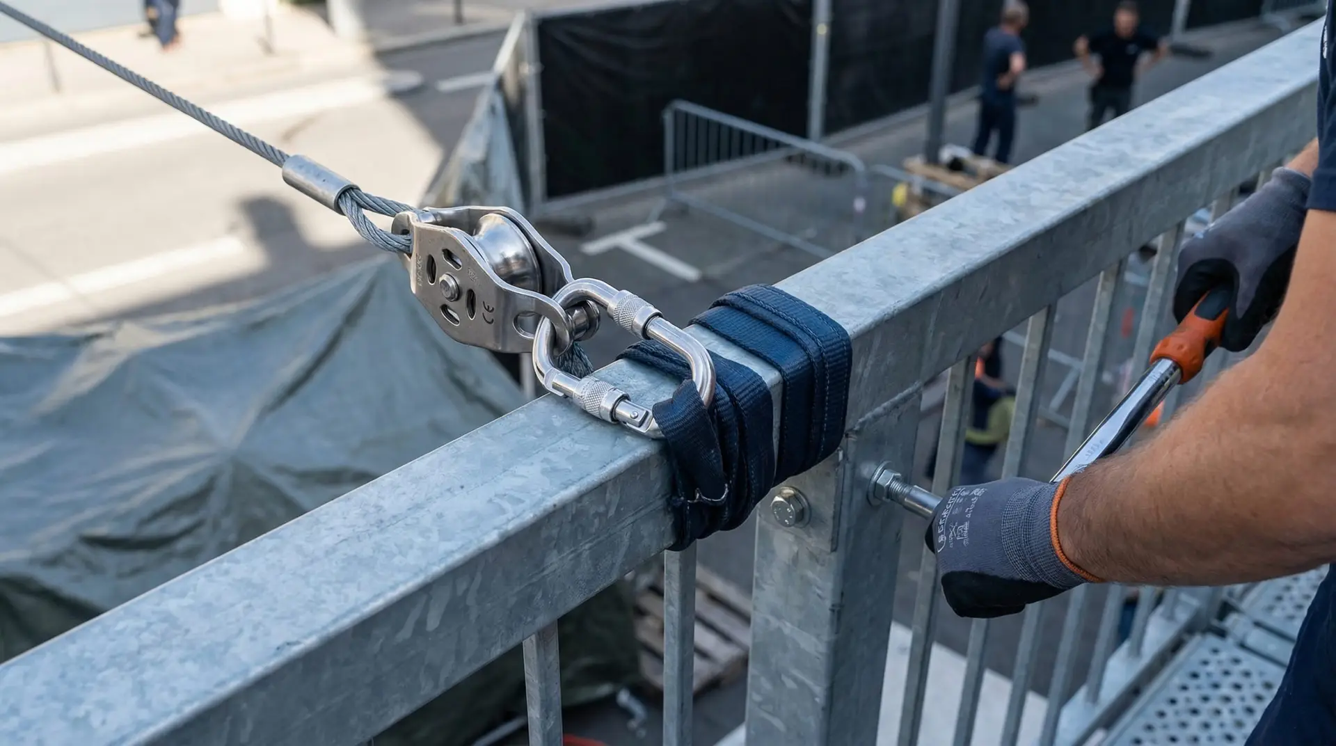 Mise en place d'une tyrolienne événementielle et vérification des ancrages temporaires