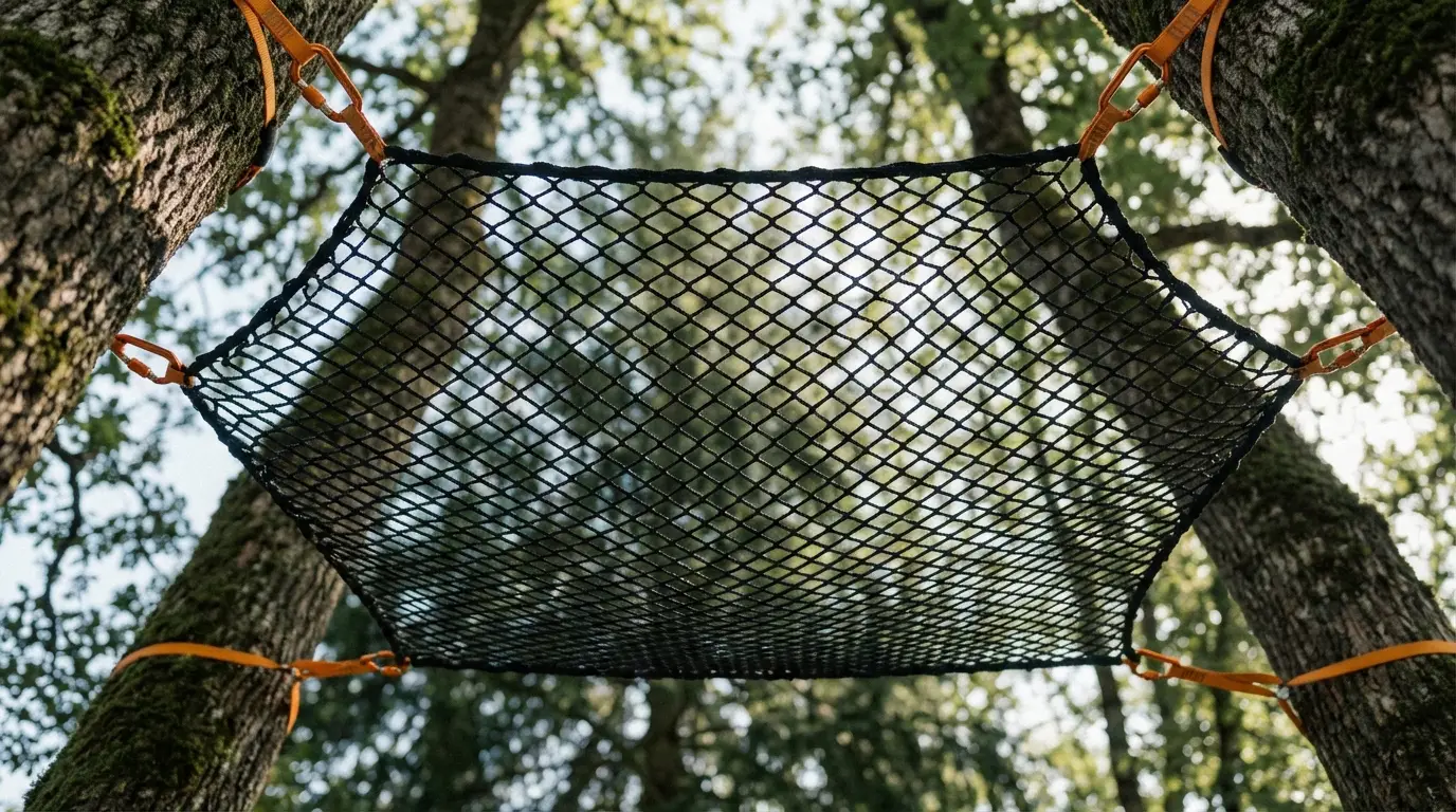 Vue en contre plongee d un filet de trampoline suspendu entre des troncs massifs dans un domaine boise