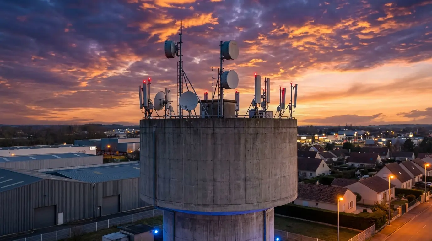 Paysage industriel montrant un chateau d eau equipe de faisceaux hertziens au lever du soleil