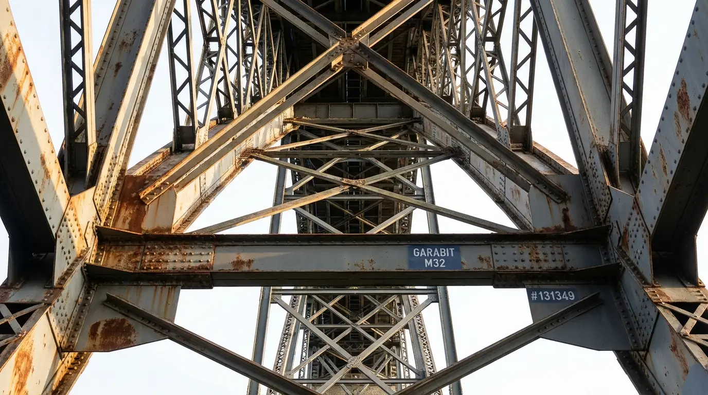 Vue en contre-plongée de l'intrados d'un viaduc métallique